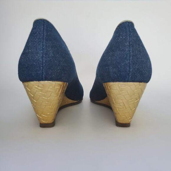 Aj Valenci Open Toe Comfort Blue Denim Wide Wedge Shoes - Picture 7 of 9